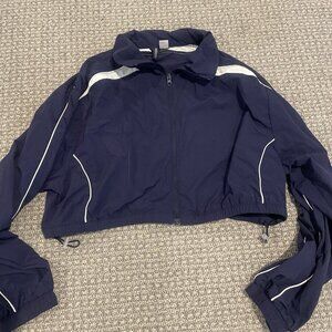 H&M Jacket Women's Medium Cropped Windbreaker Navy Blue Cinch Waist Full Zip